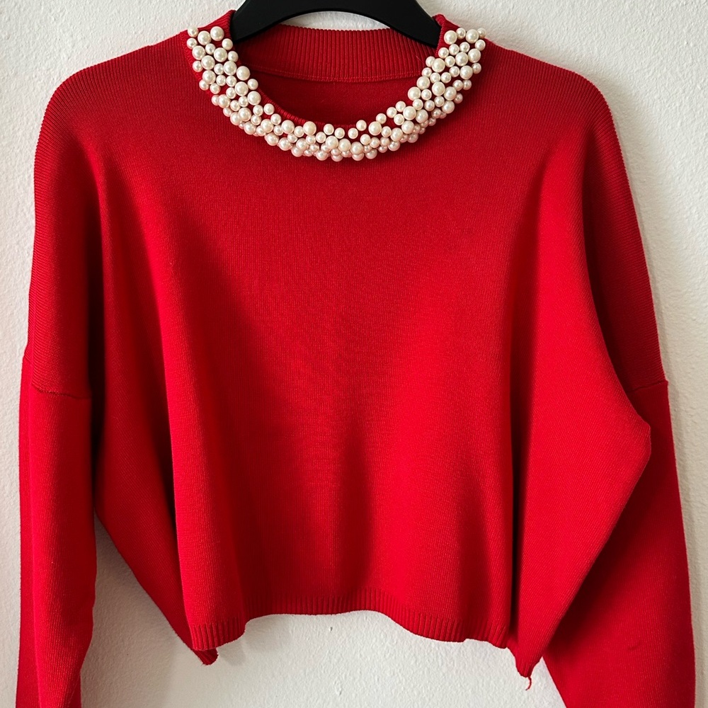 Boutique Style Vibrant Red Women's Sweater with Long Sleeves and Beaded Medium